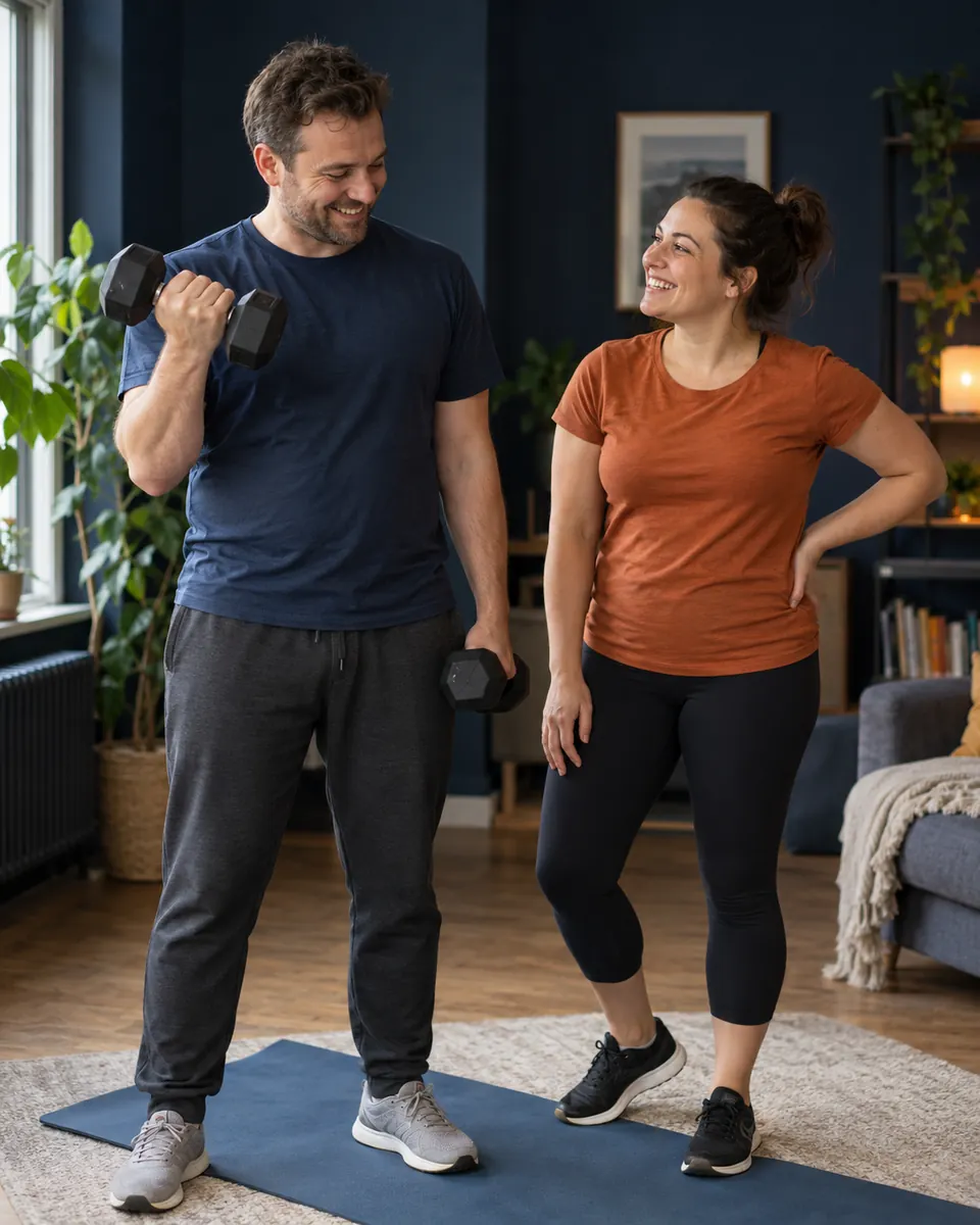 A man and woman enjoying a relaxed dumbbell workout at home
